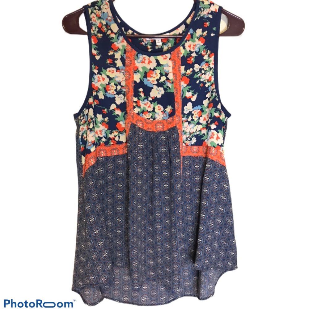 DR2 Floral and Geometric Print Sleeveless Top - Navy and Orange